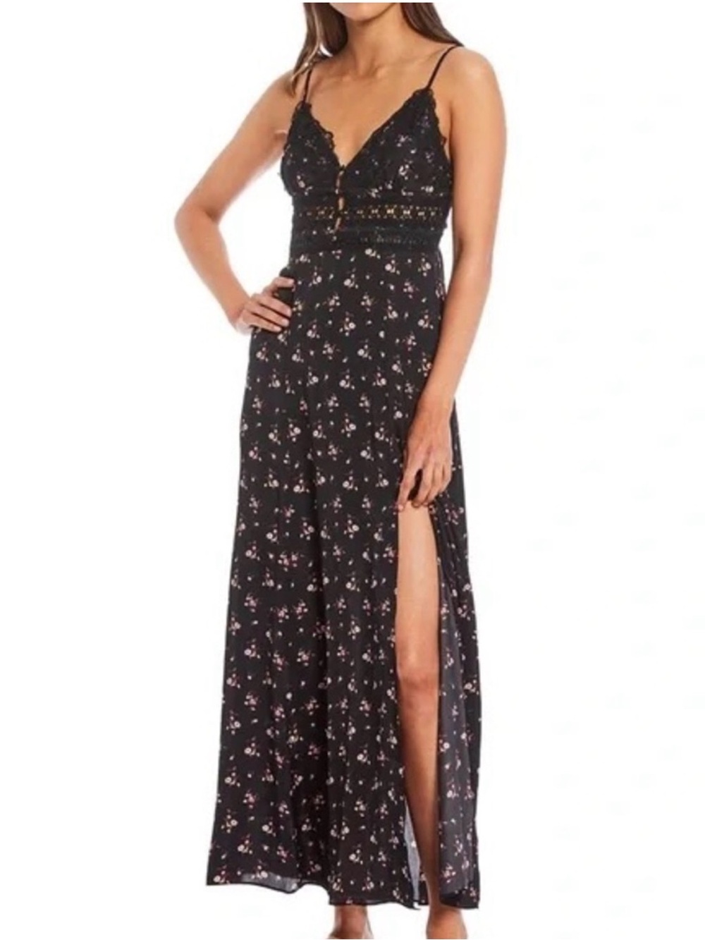 Free People Black Maxi Dress with Pink Floral Print